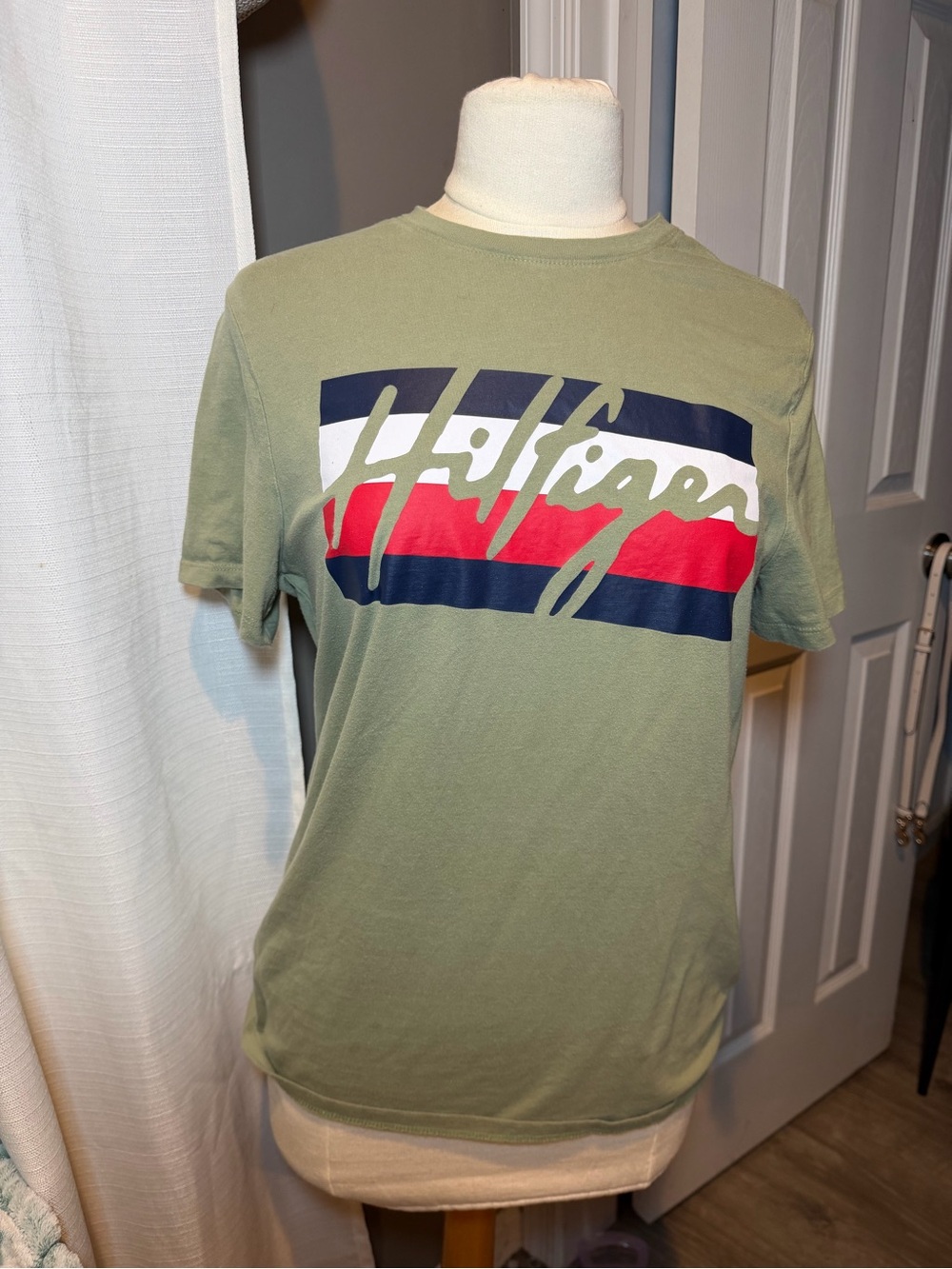 Tommy Hilfiger Olive Short Sleeve Tee with Navy White Red Logo